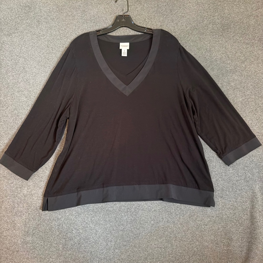 Chicos Weekends Top Women 3 Black V-Neck Satin Trim 3/4 Sleeve Tunic Blouse
